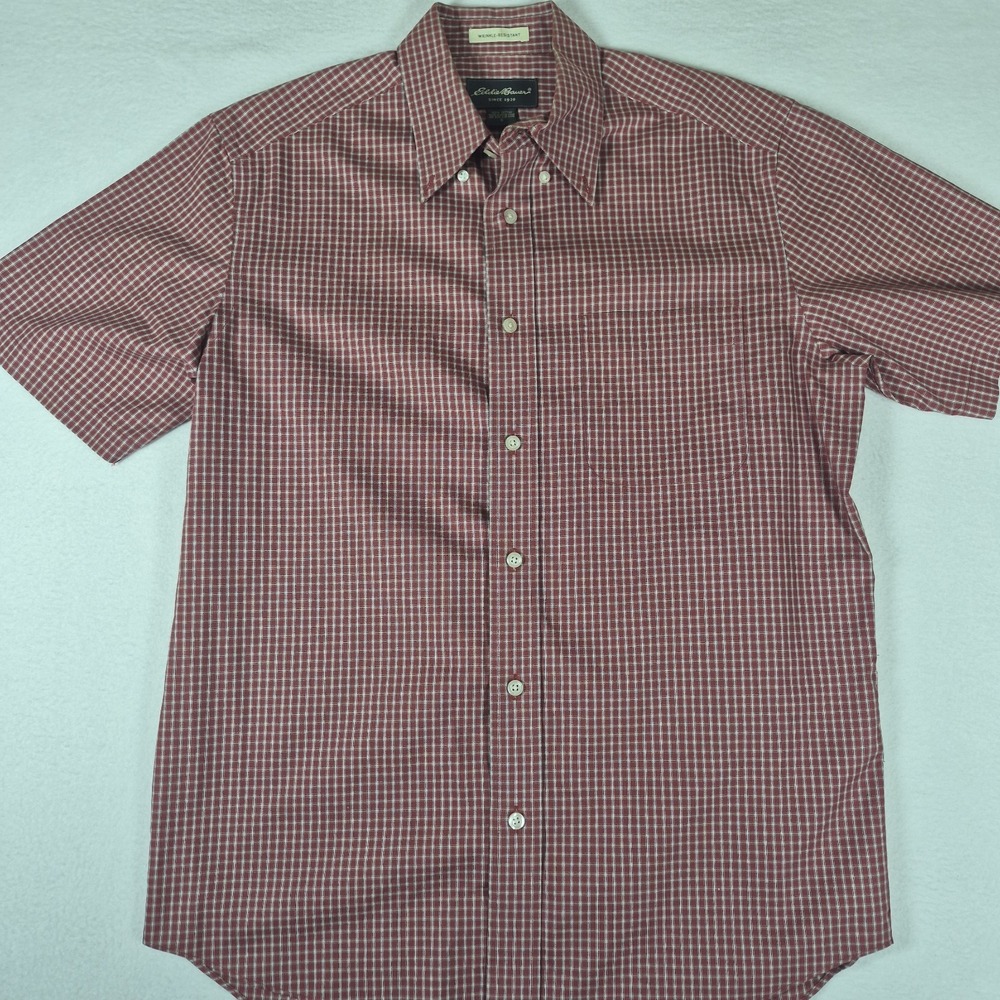 Vtg Eddie Bauer Button Down Men's S Red Check  100% Cotton Made in Hong Kong Y2K